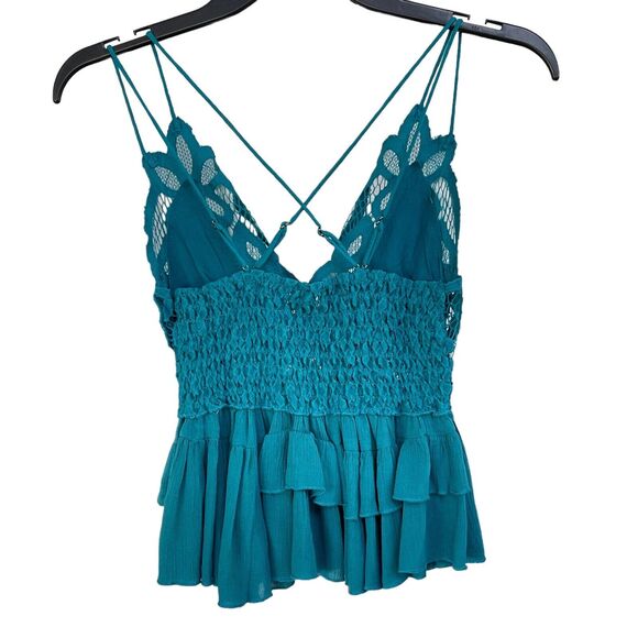 Free People Intimately X-Small Adella Cami Top Teal Ruffle Crochet Lace Smocked - Picture 3 of 8